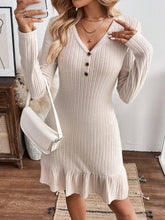 1pc Women Casual Slim Fit Button-Up Ruffle Hem Ribbed Knit Long Sleeve Dress